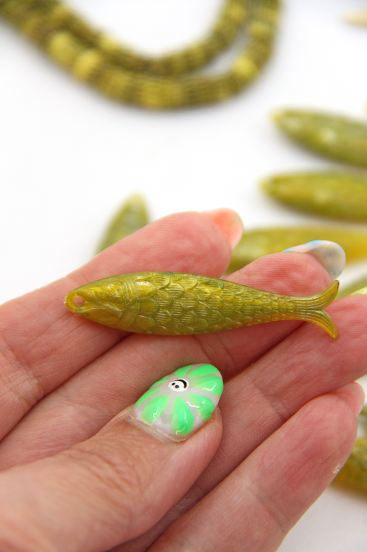 Golden Olive Fish Beach Charm, German Resin Amulet, 48mm, 1 Pendant