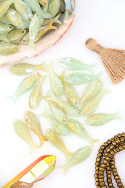 Golden Sage Fish Charm, German Resin, 27mm, 1 Pendant
