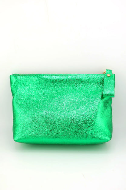 Metallic Italian Leather Zipper Pouch, Purse, 8" Soft Real Leather, Assorted Colors