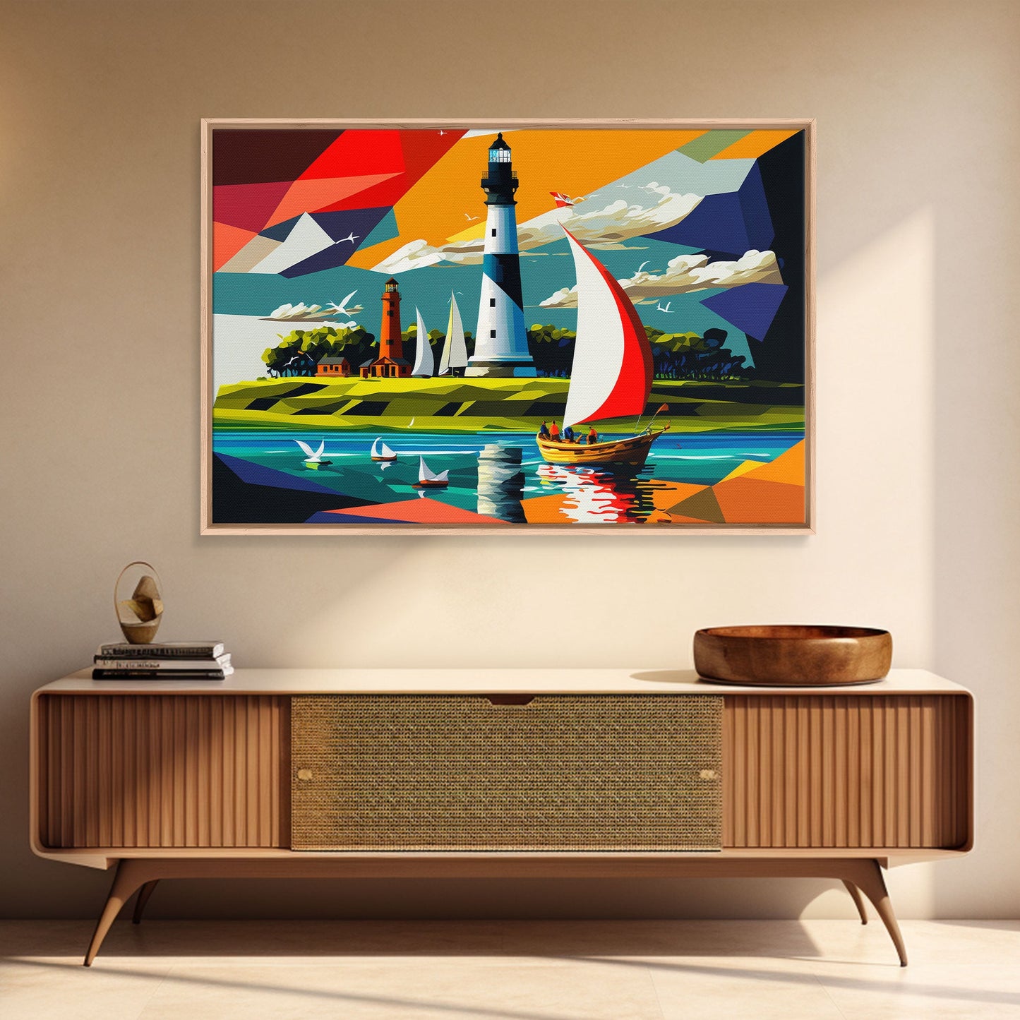 Sailboat and Lighthouse | Pop Art Style Painting Print | Framed Canvas Print | Colorful  Minimalist Art | Nautical Art