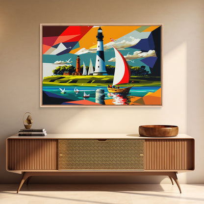 Sailboat and Lighthouse | Pop Art Style Painting Print | Framed Canvas Print | Colorful  Minimalist Art | Nautical Art