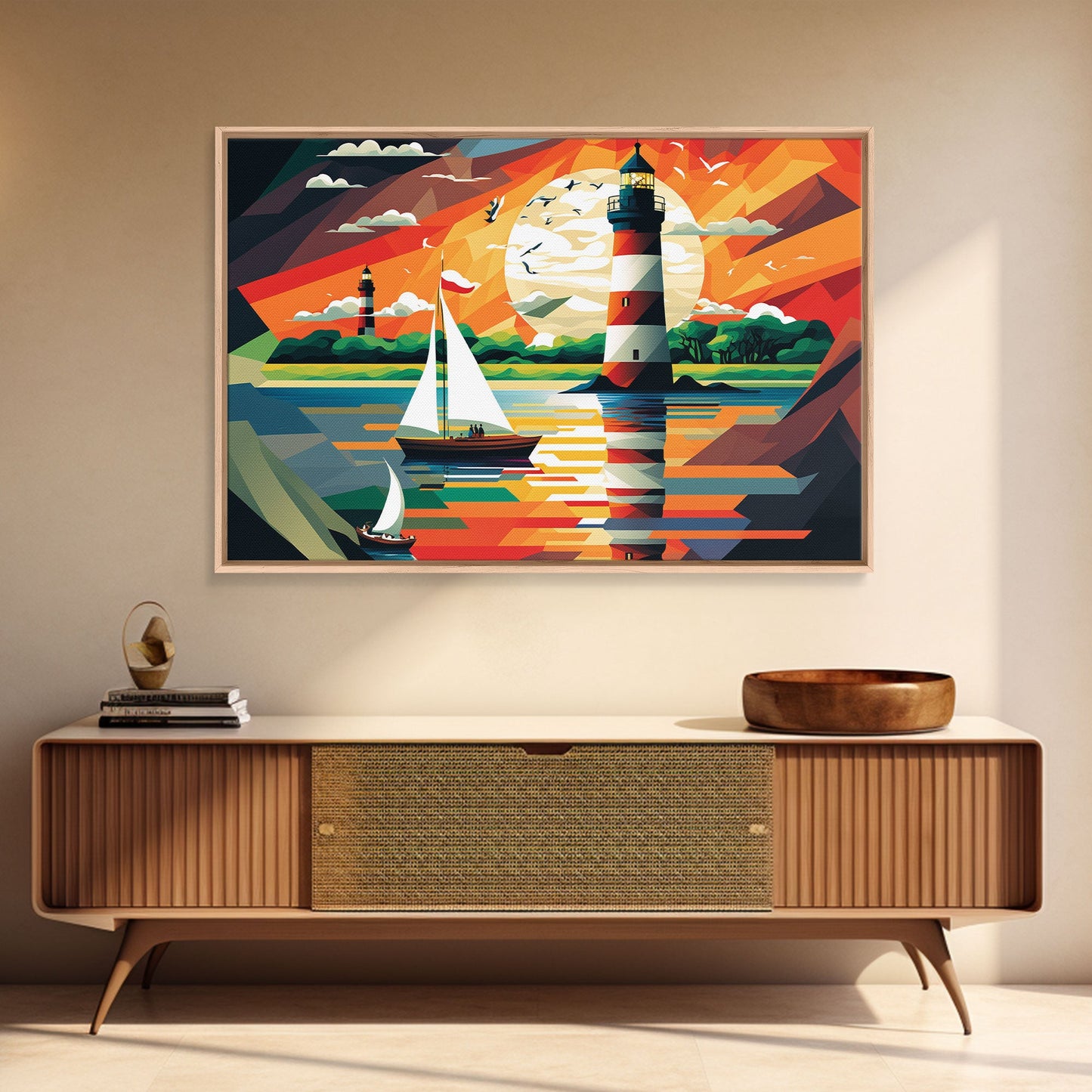 Sailboat and Lighthouse | WPAP Art Style Painting Print | Framed Canvas Print | Colorful Minimalist Art | Nautical Art | Pop Art