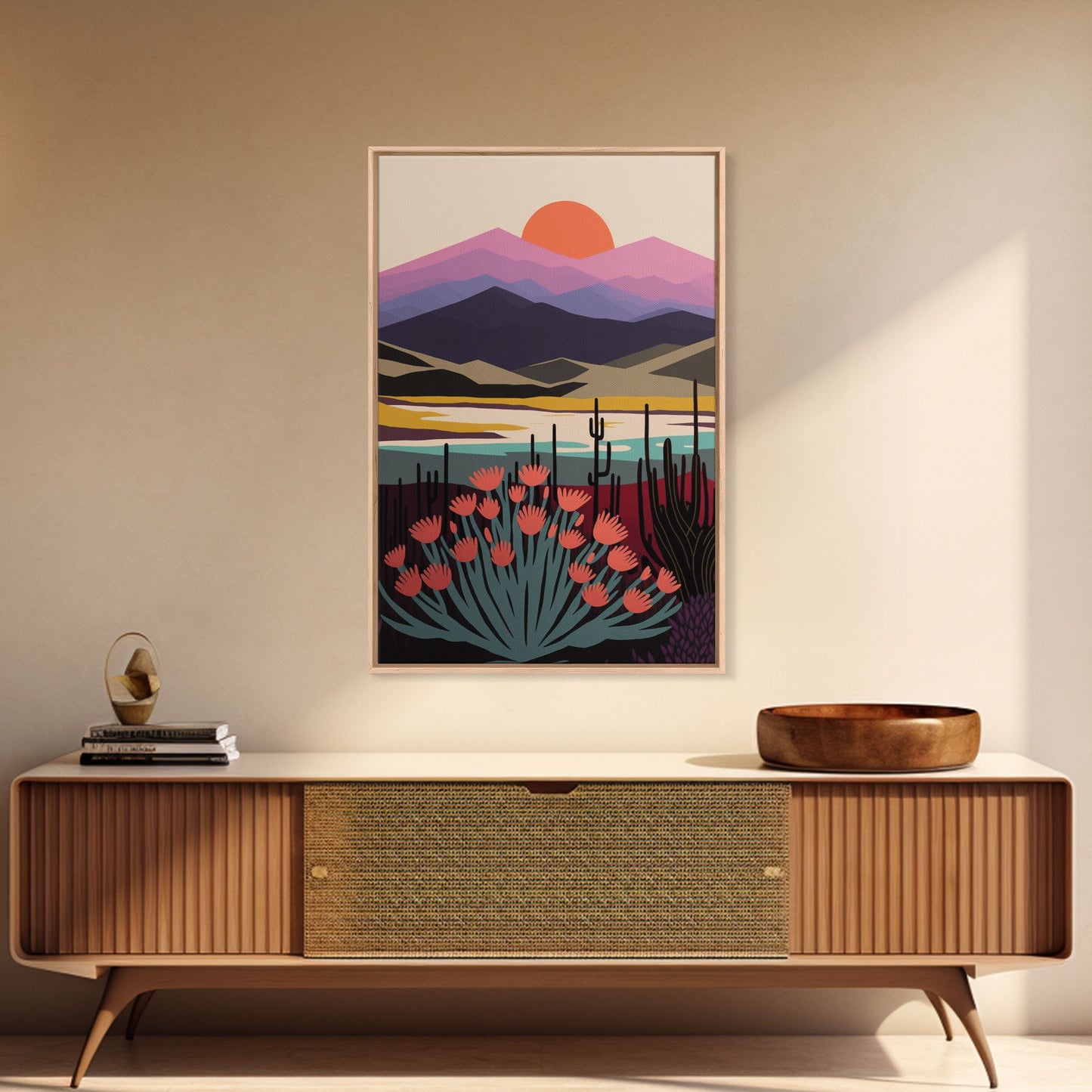 Boho Style Mountain Landscape, Minimalist Art, Sunset Over The Mountains