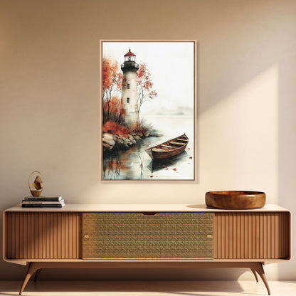 Lighthouse In The Fall, Framed Canvas Print, Fall Decor, Autumn Centerpiece Art, Boho Minimalist Style Wall Art