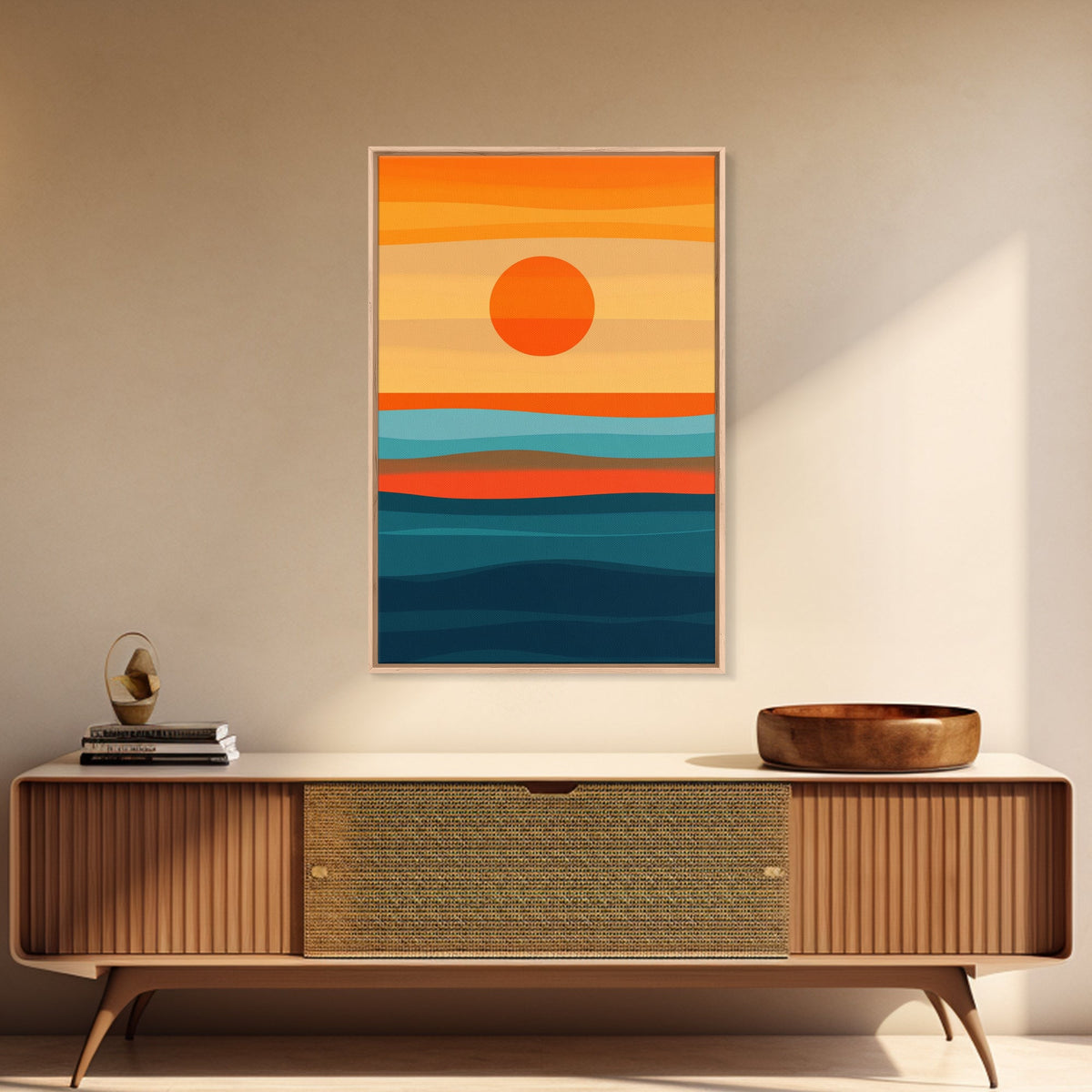 Sunset Over The Ocean Minimalist Print, Vertical Sea Sun Framed Canvas, Waves Line Art, Blue and Orange Sunset Beach House Painting