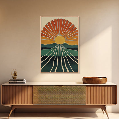 Minimalist Sunset or Sunrise Wall Art Canvas Print, Art Deco Boho Wall Decor, Modern Art, Sun Burst Wall Art