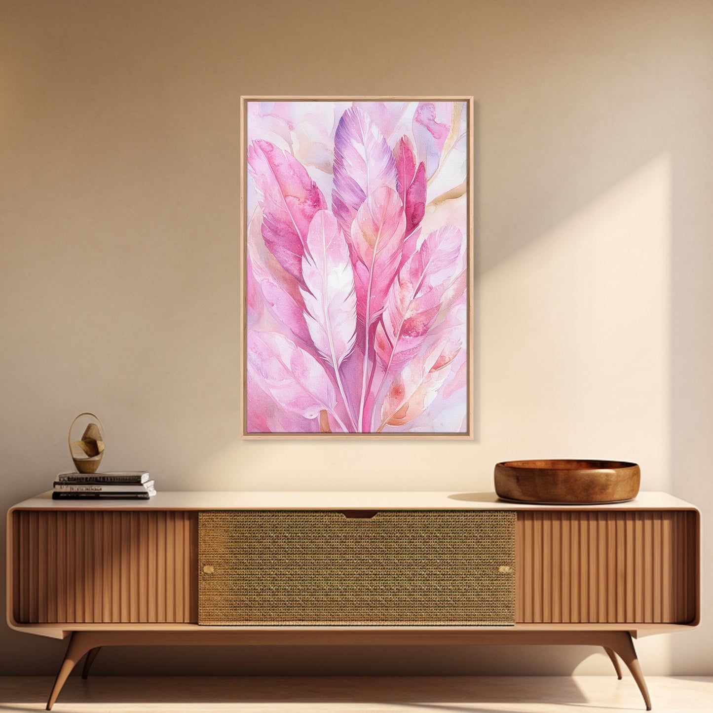 Feather Bouquet Framed Canvas Print, Light Pink Wall Art, Boho Aesthetic Minimalist Art, Bedroom or Office Decor, Romantic Nature Gift Idea