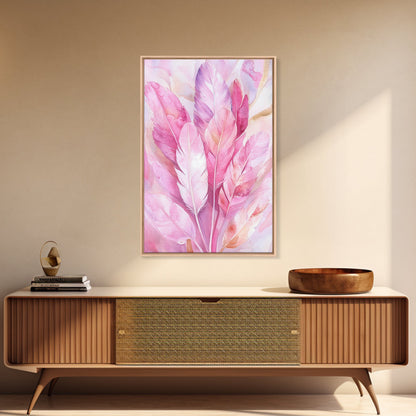 Feather Bouquet Framed Canvas Print, Light Pink Wall Art, Boho Aesthetic Minimalist Art, Bedroom or Office Decor, Romantic Nature Gift Idea