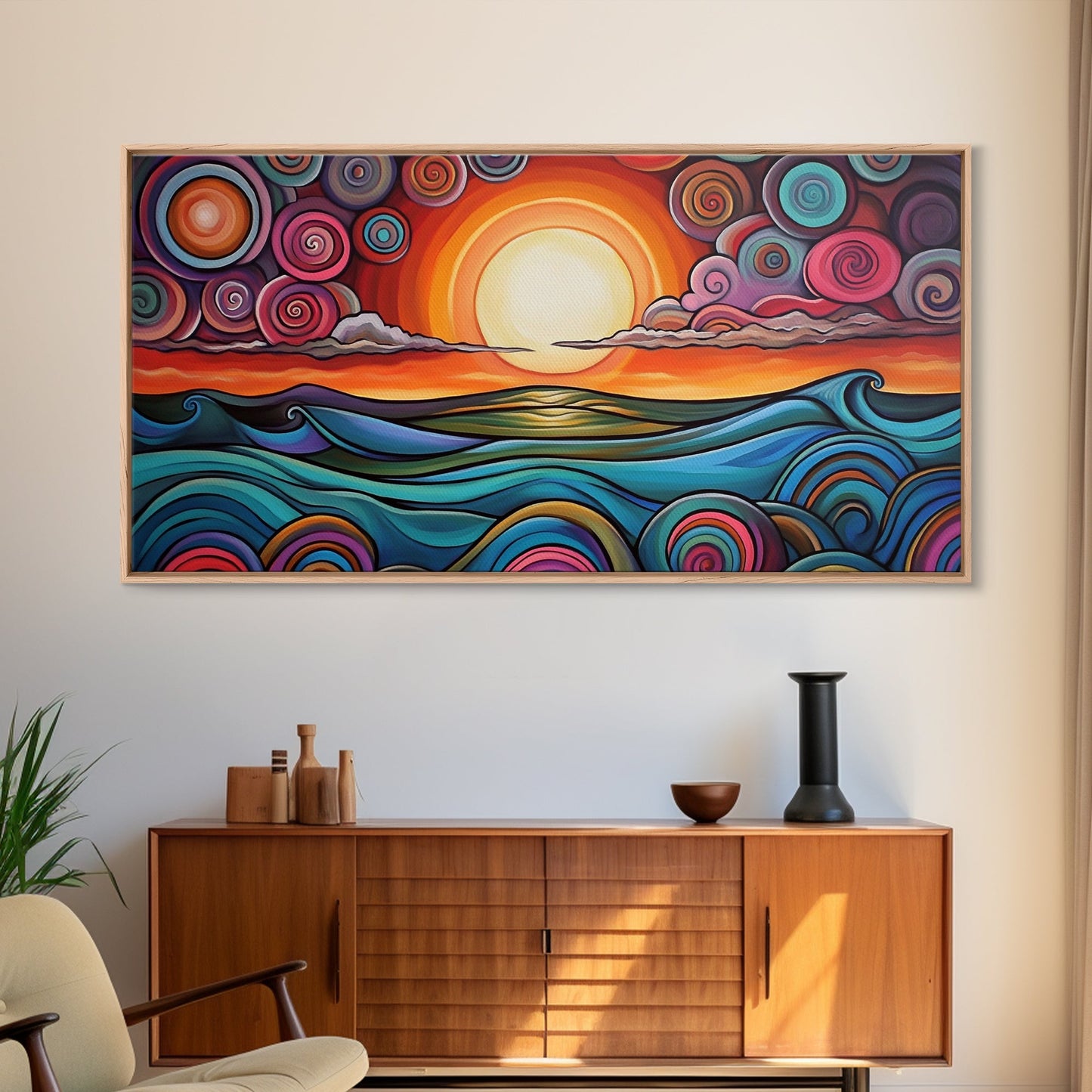 Sunset Waves, Canvas Print, surf wall art, geometric wall art, pink orange wall art, colorful abstract art, extra wide art, boho art