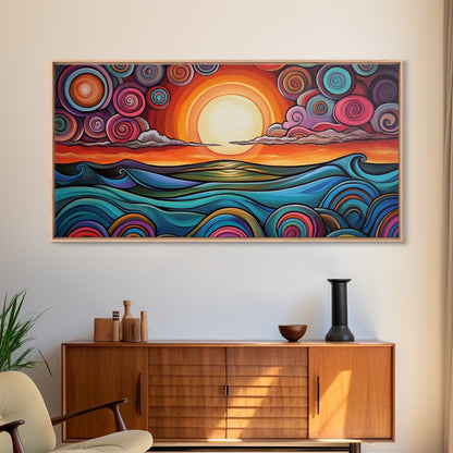 Sunset Waves, Canvas Print, surf wall art, geometric wall art, pink orange wall art, colorful abstract art, extra wide art, boho art