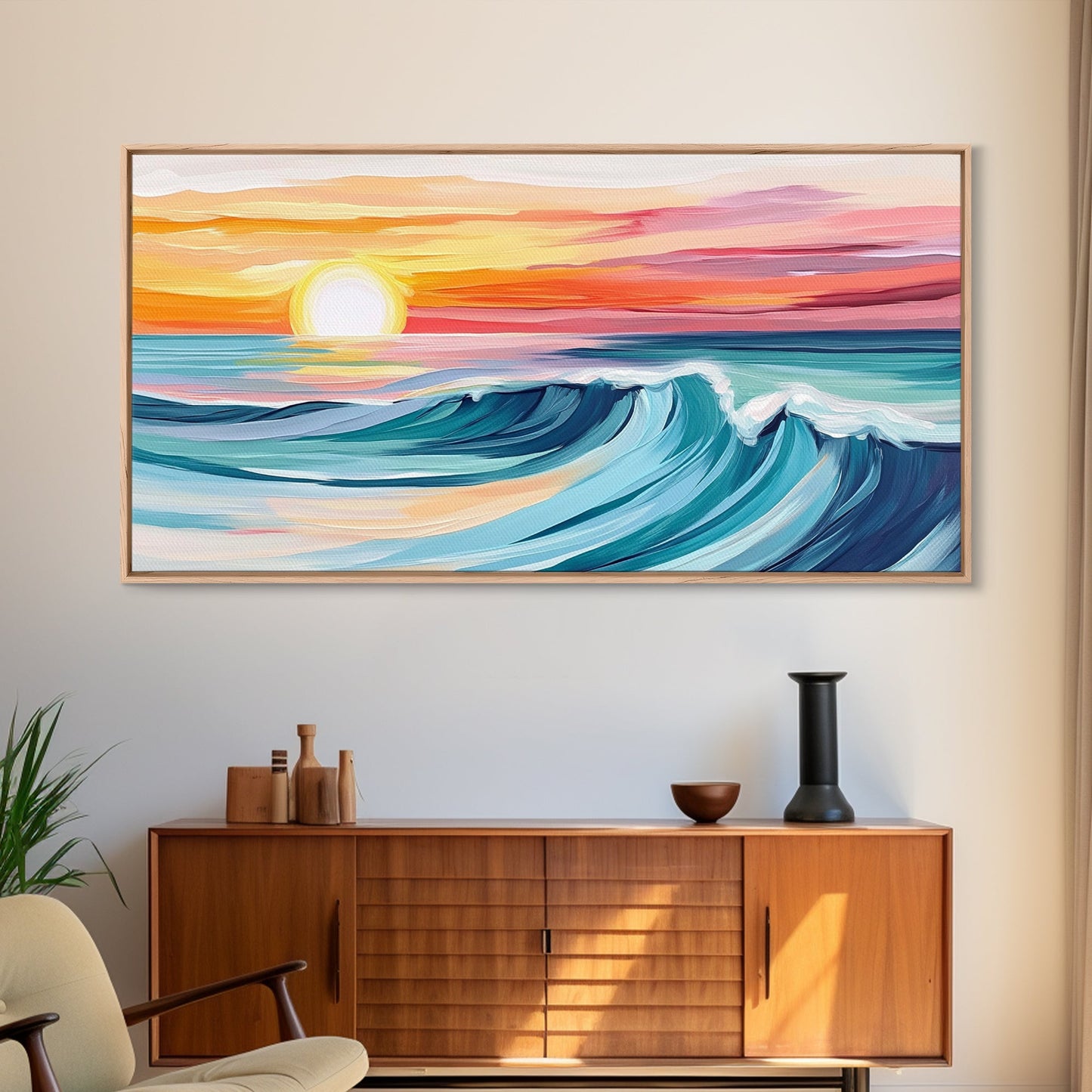 Sunset Wave, Surf Art, Coastal Painting, Nautical Wall Art, Ocean Art, Horizontal Wall Art, Framed Canvas Print, Beach Decor
