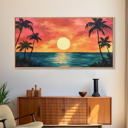 Tropical Sunset, Palm Tree Art, Coastal Cowgirl Wall Art, Hawaii Art, Ocean Landscape, Horizontal Wall Art, Framed Canvas Print