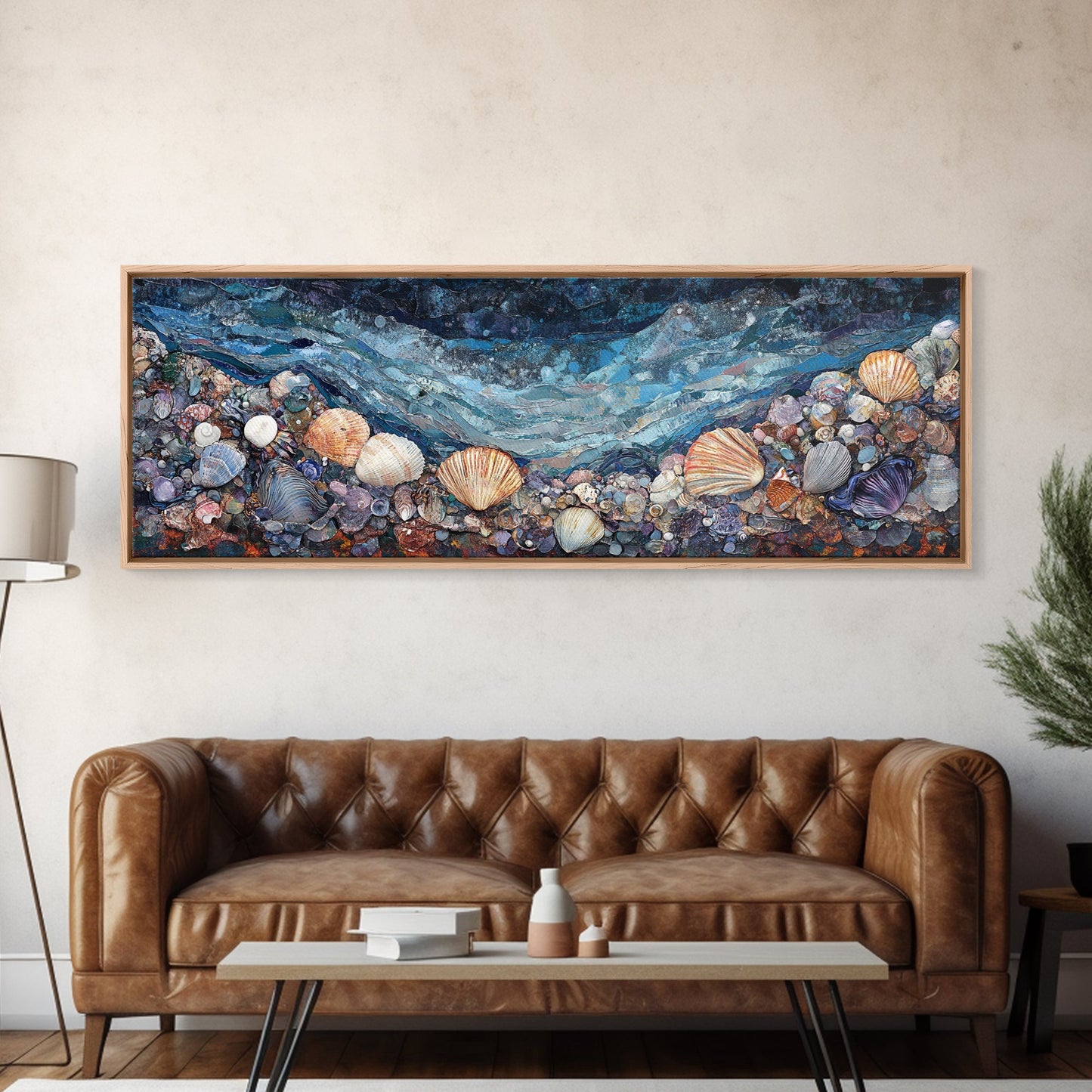 Seashell Beach Framed Canvas Print Coastal Wall Art, Ocean Inspired Artwork, Textured Nautical Painting, Tropical Home Decor