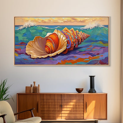 Seashell Ocean, Beach, Canvas Print, Nautical Bathroom Wall Art, Coastal Shell Decor, Vibrant Marine Painting, Seaside Home Style