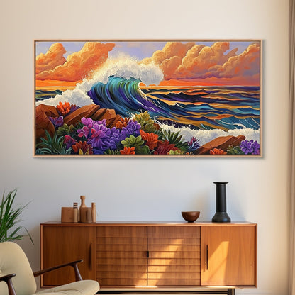 Ocean Wave, Flowers, Sunset, Framed Canvas Print, tropical seascape wall art, boho coastal decor, bathroomart, beach house piece