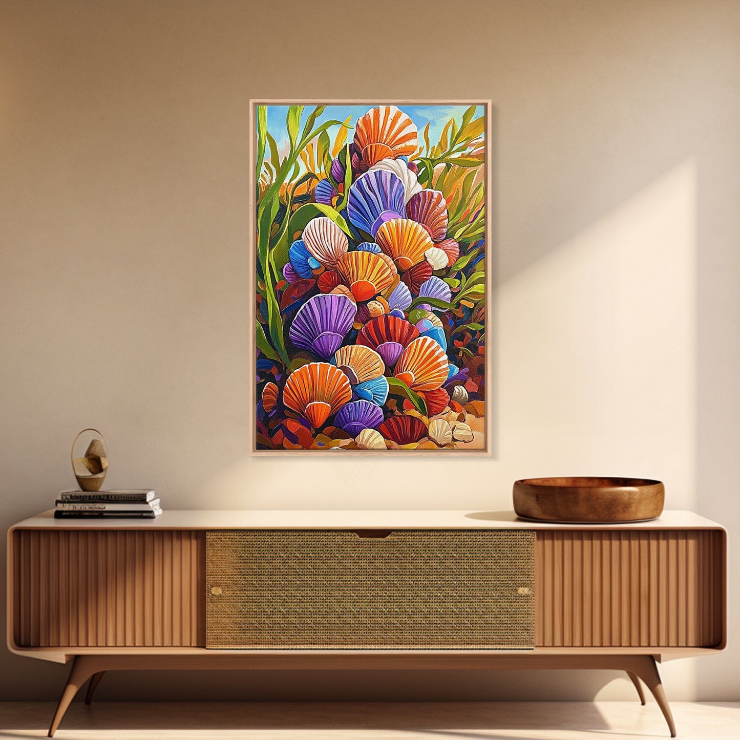 Rainbow Seashells, Coastal Treasures, Ocean Shell Art, Beach Decor, Framed Canvas Print, Bathroom Wall Art, Nautical Boho Art