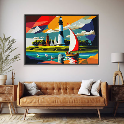 Sailboat and Lighthouse | Pop Art Style Painting Print | Framed Canvas Print | Colorful  Minimalist Art | Nautical Art