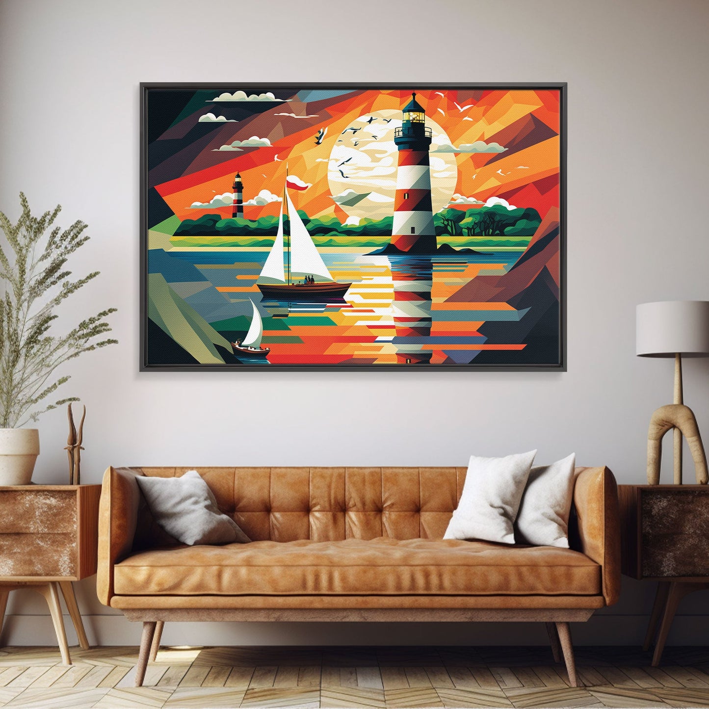Sailboat and Lighthouse | WPAP Art Style Painting Print | Framed Canvas Print | Colorful Minimalist Art | Nautical Art | Pop Art