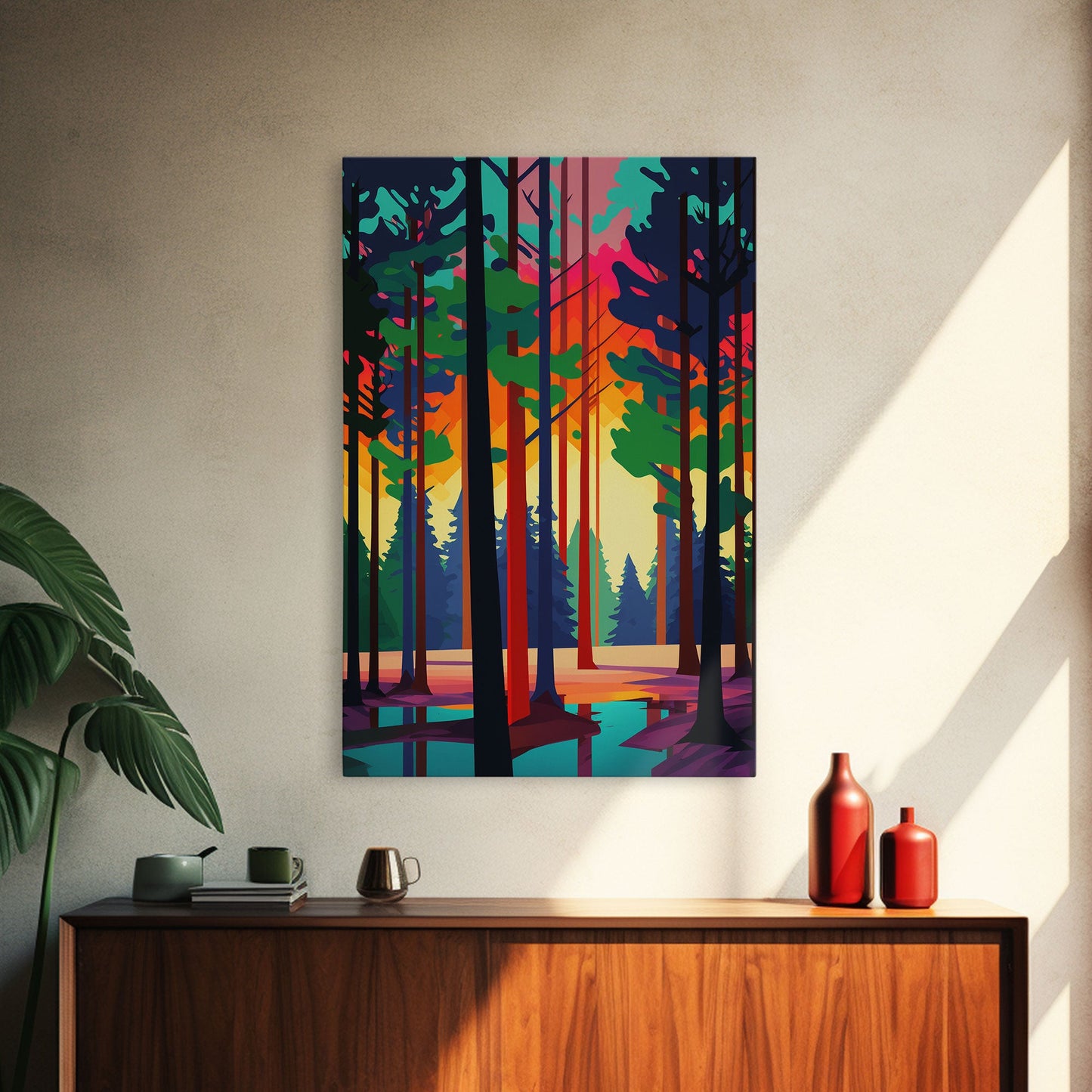 Silhouette Forest Landscape, Framed Canvas Print, Pop Art Minimalist Landscape Art