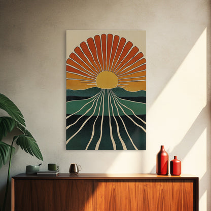 Minimalist Sunset or Sunrise Wall Art Canvas Print, Art Deco Boho Wall Decor, Modern Art, Sun Burst Wall Art