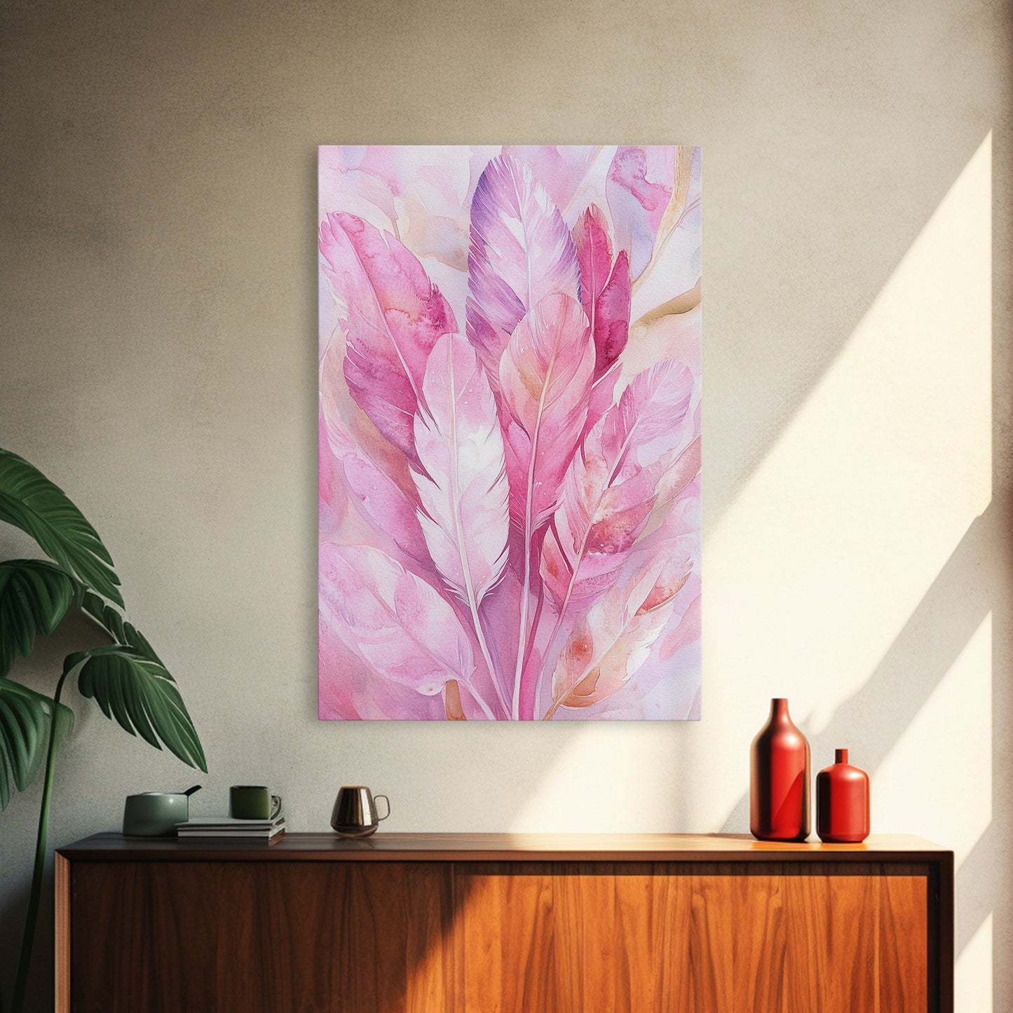 Feather Bouquet Framed Canvas Print, Light Pink Wall Art, Boho Aesthetic Minimalist Art, Bedroom or Office Decor, Romantic Nature Gift Idea