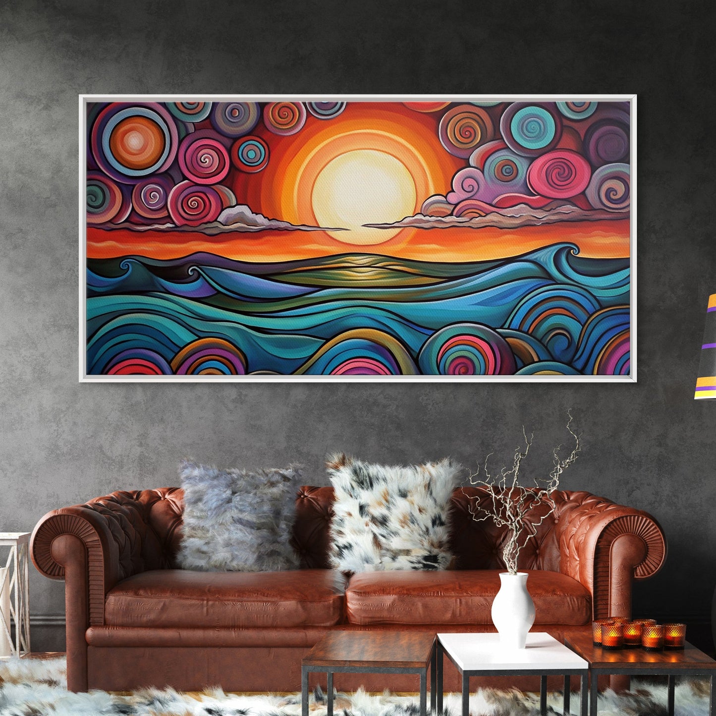 Sunset Waves, Canvas Print, surf wall art, geometric wall art, pink orange wall art, colorful abstract art, extra wide art, boho art