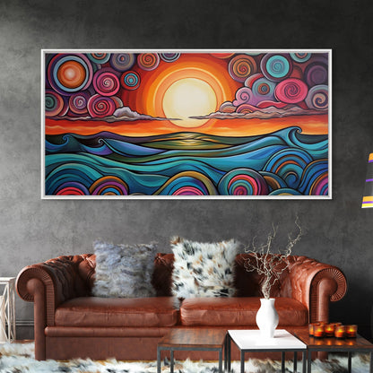 Sunset Waves, Canvas Print, surf wall art, geometric wall art, pink orange wall art, colorful abstract art, extra wide art, boho art