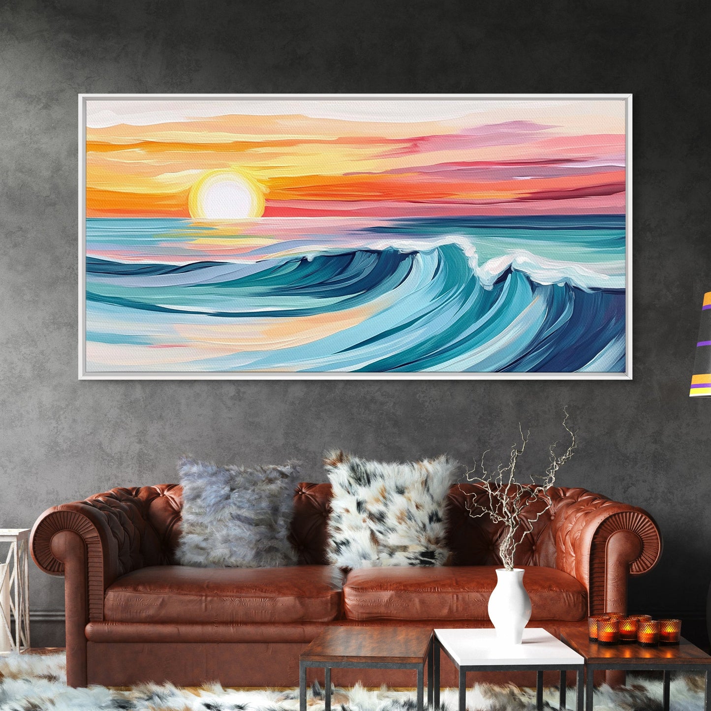 Sunset Wave, Surf Art, Coastal Painting, Nautical Wall Art, Ocean Art, Horizontal Wall Art, Framed Canvas Print, Beach Decor