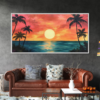 Tropical Sunset, Palm Tree Art, Coastal Cowgirl Wall Art, Hawaii Art, Ocean Landscape, Horizontal Wall Art, Framed Canvas Print