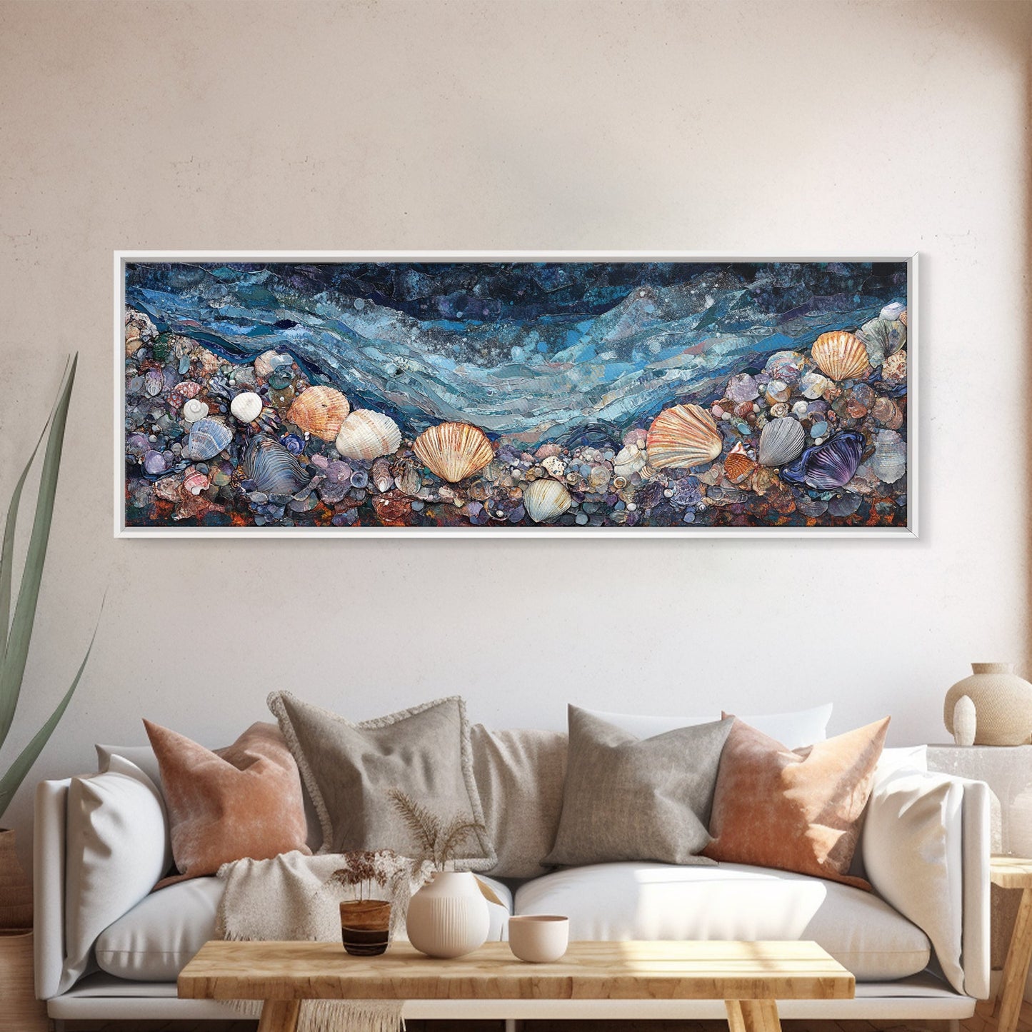 Seashell Beach Framed Canvas Print Coastal Wall Art, Ocean Inspired Artwork, Textured Nautical Painting, Tropical Home Decor