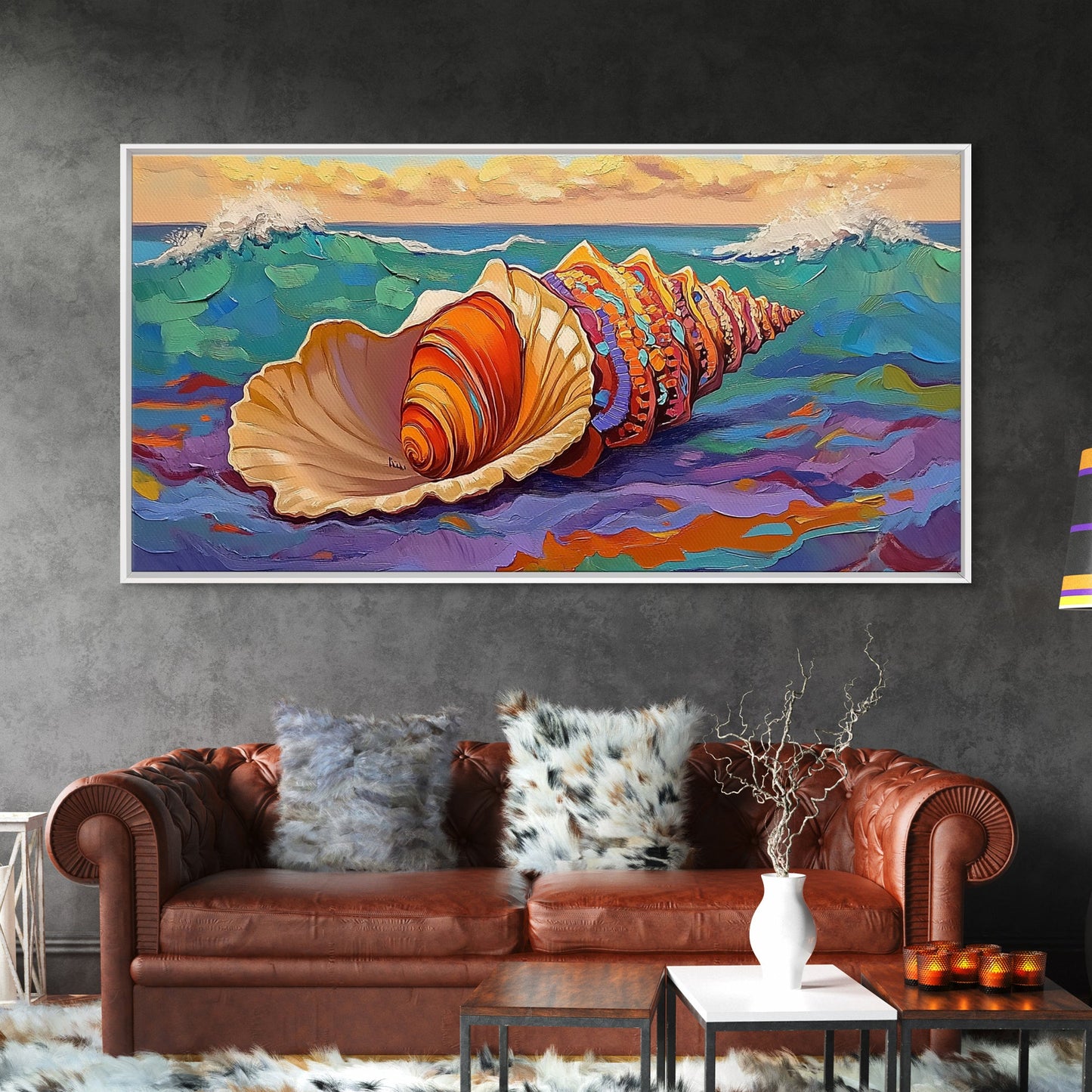 Seashell Ocean, Beach, Canvas Print, Nautical Bathroom Wall Art, Coastal Shell Decor, Vibrant Marine Painting, Seaside Home Style