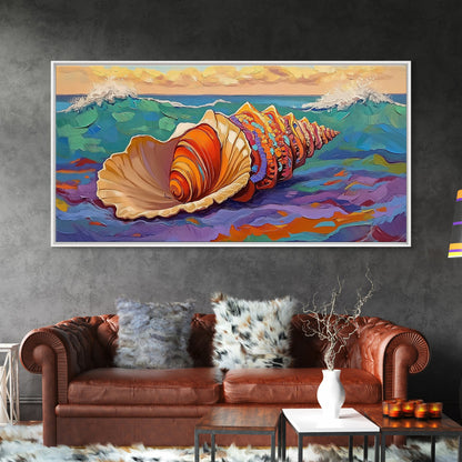 Seashell Ocean, Beach, Canvas Print, Nautical Bathroom Wall Art, Coastal Shell Decor, Vibrant Marine Painting, Seaside Home Style