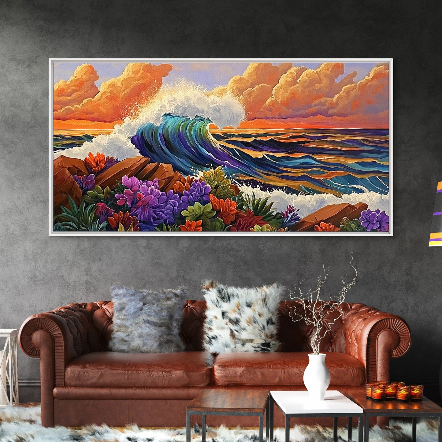 Ocean Wave, Flowers, Sunset, Framed Canvas Print, tropical seascape wall art, boho coastal decor, bathroomart, beach house piece