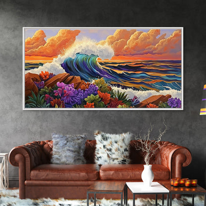 Ocean Wave, Flowers, Sunset, Framed Canvas Print, tropical seascape wall art, boho coastal decor, bathroomart, beach house piece