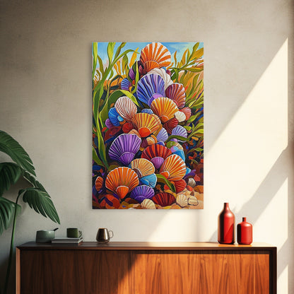 Rainbow Seashells, Coastal Treasures, Ocean Shell Art, Beach Decor, Framed Canvas Print, Bathroom Wall Art, Nautical Boho Art