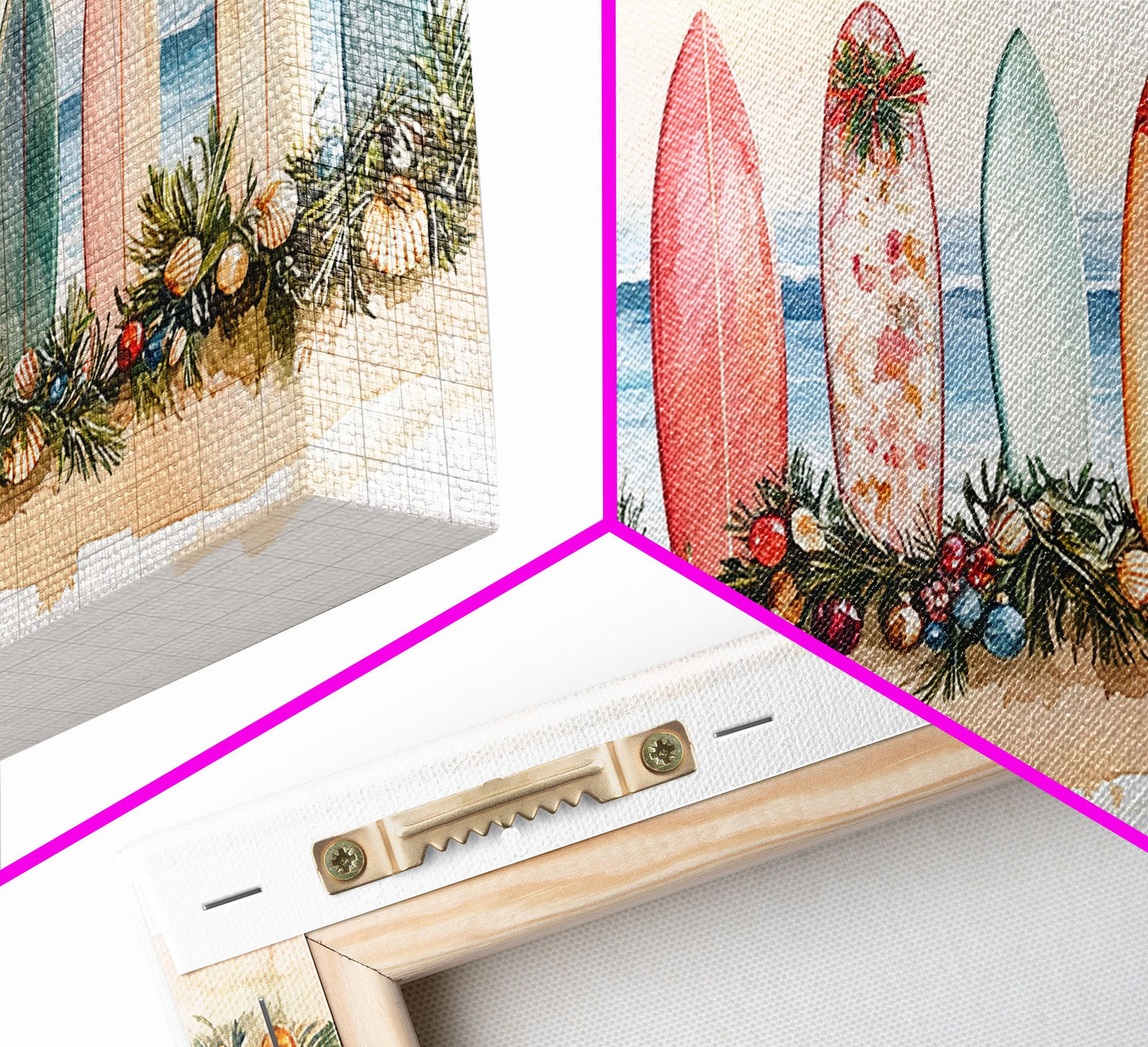 Surfboard Christmas Decor Framed Canvas Print, Coastal Holiday Scene with Festive Garland and Beachy Vibes Tropical Christmas Art