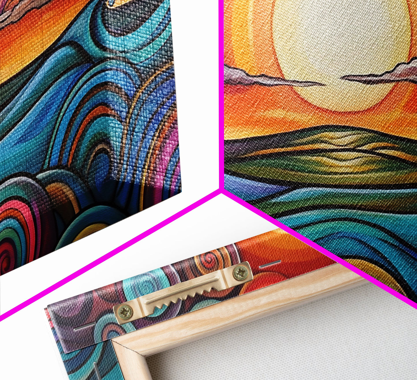 Sunset Waves, Canvas Print, surf wall art, geometric wall art, pink orange wall art, colorful abstract art, extra wide art, boho art