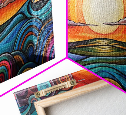 Sunset Waves, Canvas Print, surf wall art, geometric wall art, pink orange wall art, colorful abstract art, extra wide art, boho art