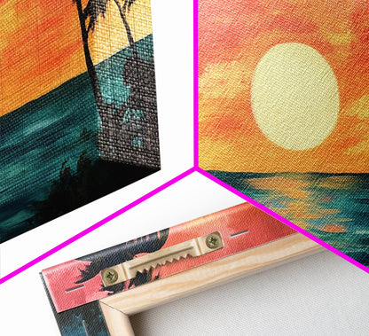 Tropical Sunset, Palm Tree Art, Coastal Cowgirl Wall Art, Hawaii Art, Ocean Landscape, Horizontal Wall Art, Framed Canvas Print