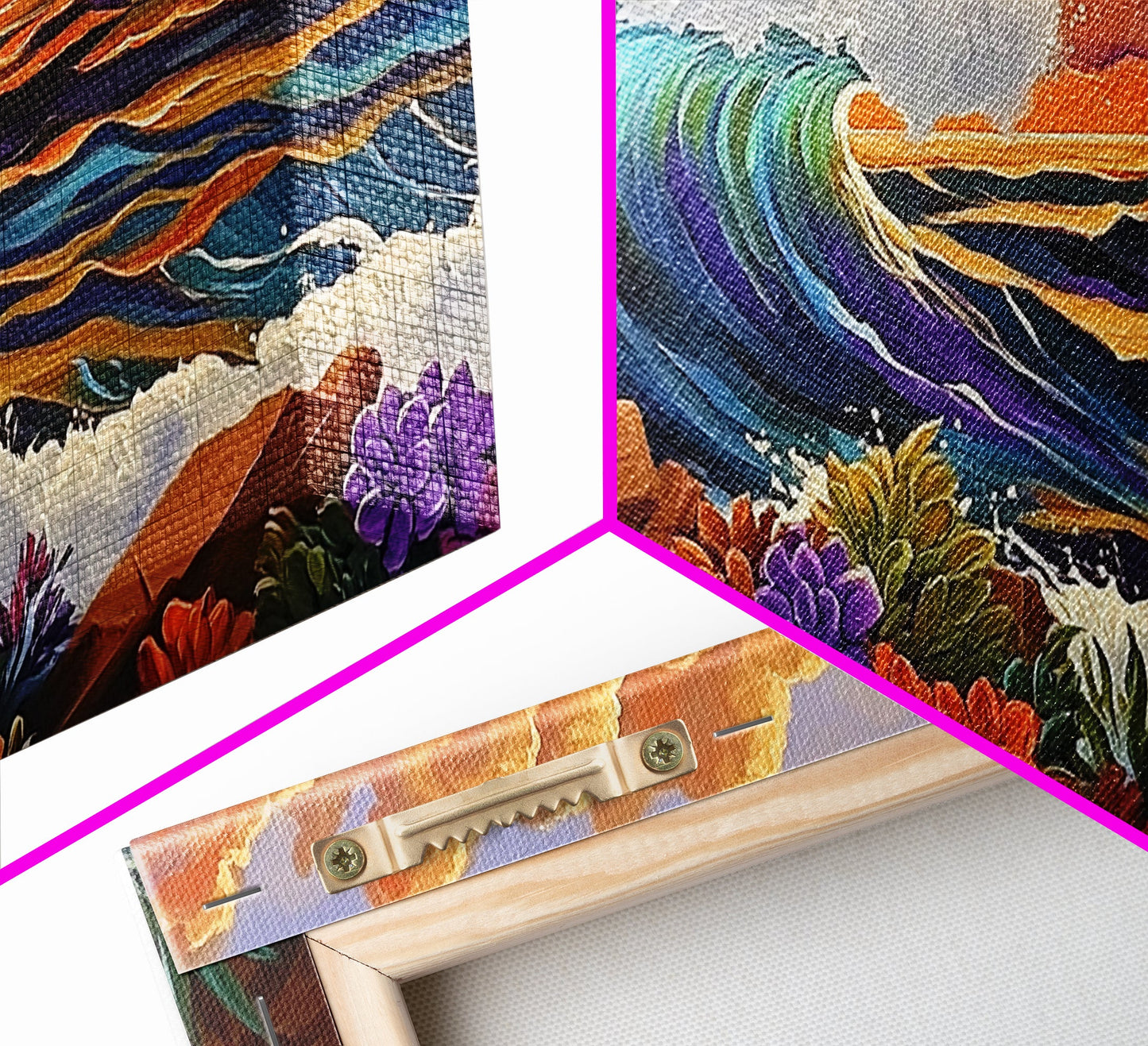 Ocean Wave, Flowers, Sunset, Framed Canvas Print, tropical seascape wall art, boho coastal decor, bathroomart, beach house piece