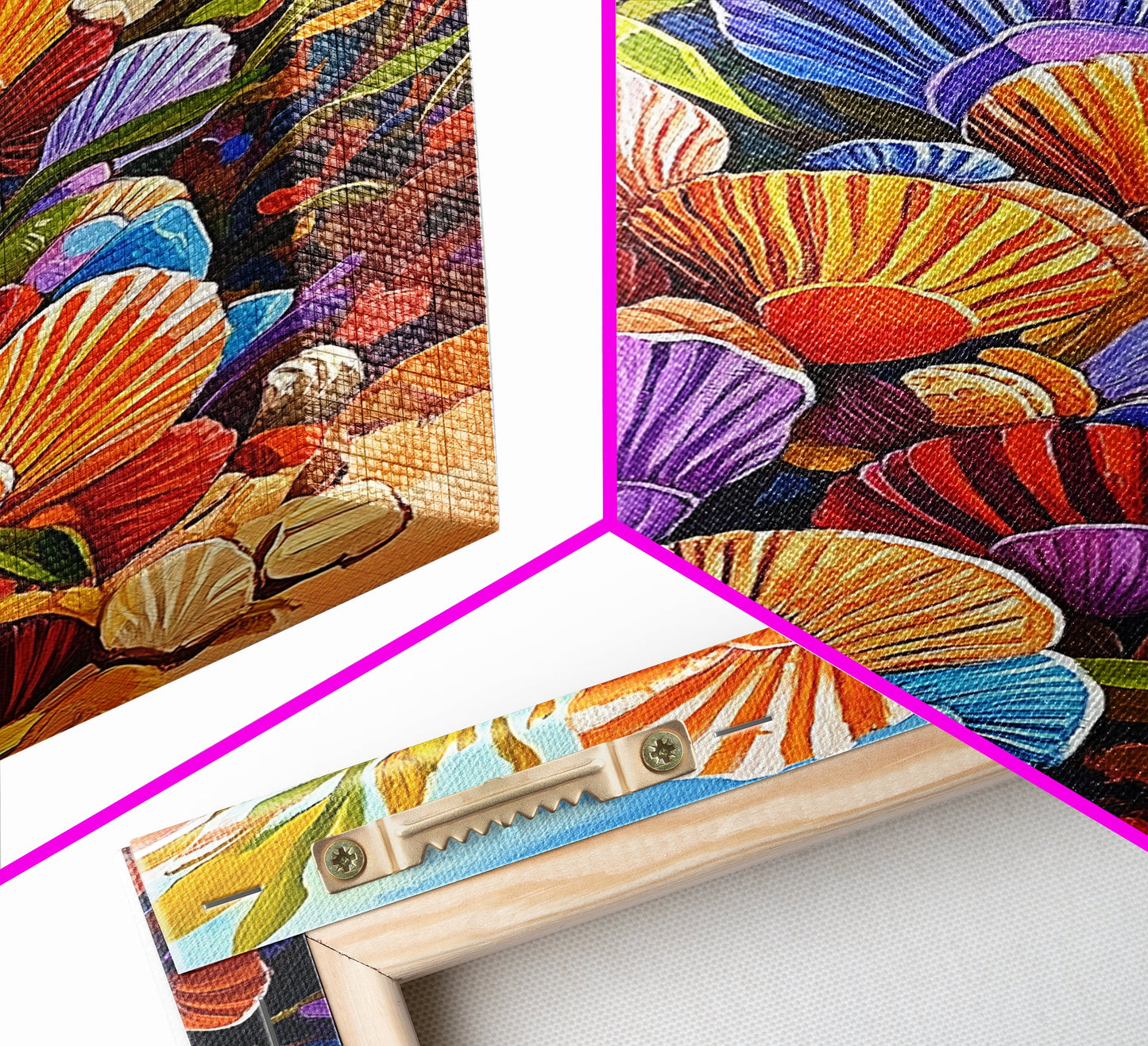 Rainbow Seashells, Coastal Treasures, Ocean Shell Art, Beach Decor, Framed Canvas Print, Bathroom Wall Art, Nautical Boho Art