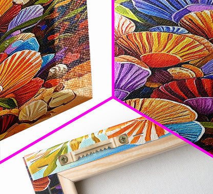 Rainbow Seashells, Coastal Treasures, Ocean Shell Art, Beach Decor, Framed Canvas Print, Bathroom Wall Art, Nautical Boho Art
