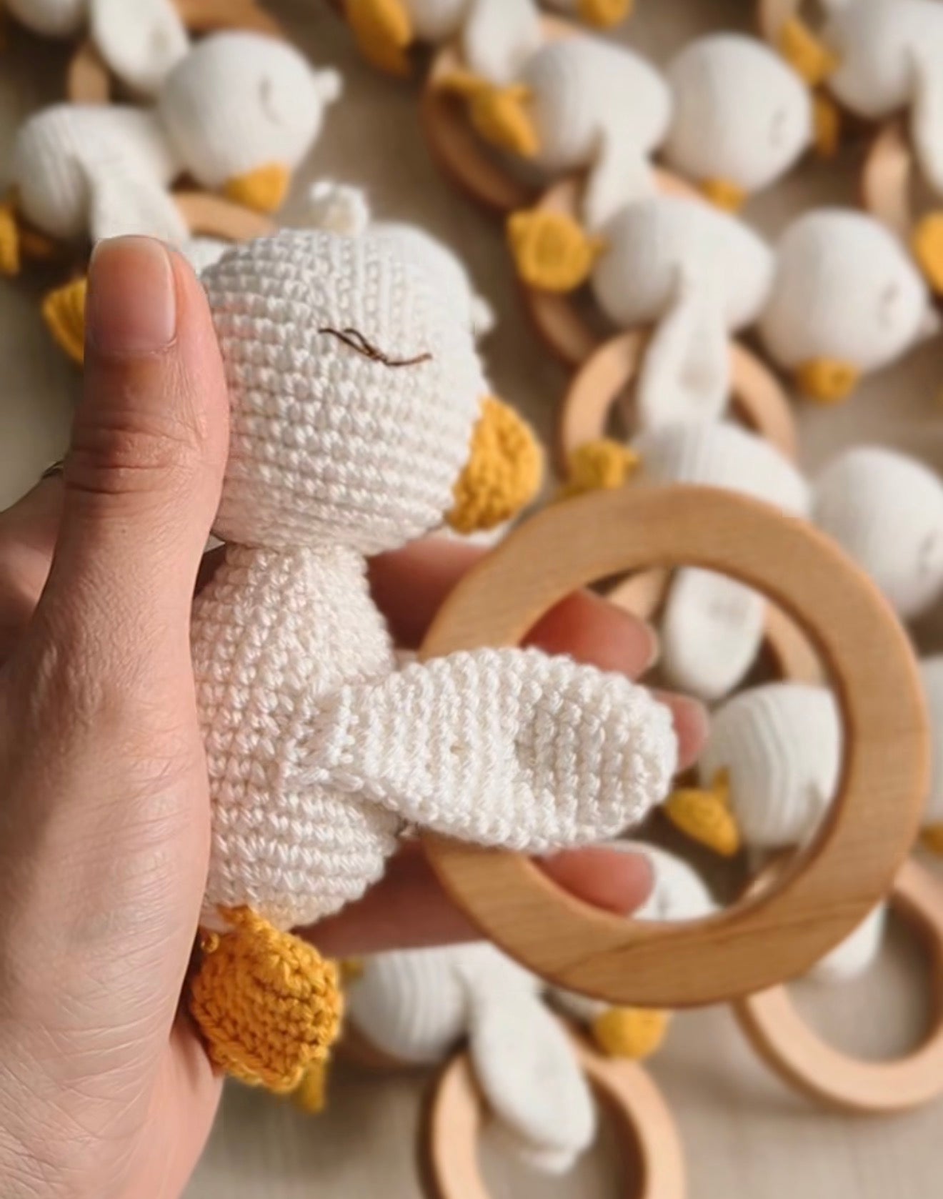 Goose Crochet Baby Rattle with Wooden Teether