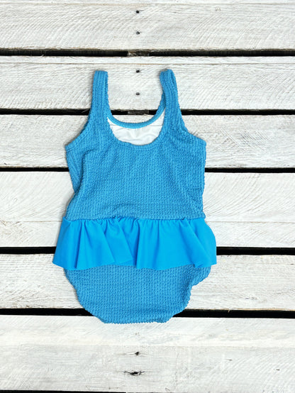 Mini Ruffle Girls Skirted Swimsuit in Azure