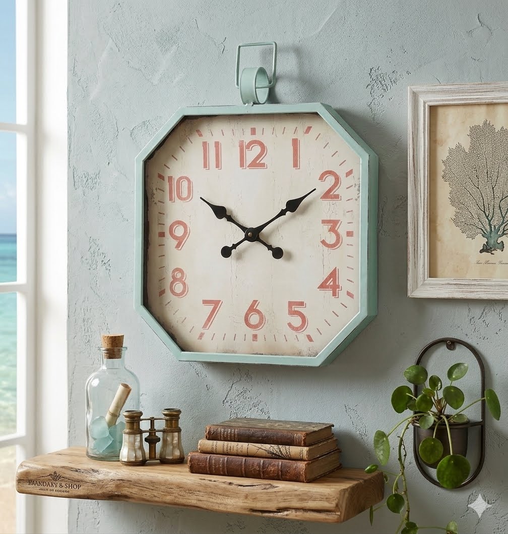 Vintage Style Coastal Octagonal Large 30" Teal/Turquoise Distressed Wall Clock