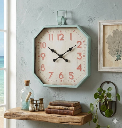 Vintage Style Coastal Octagonal Large 30" Teal/Turquoise Distressed Wall Clock