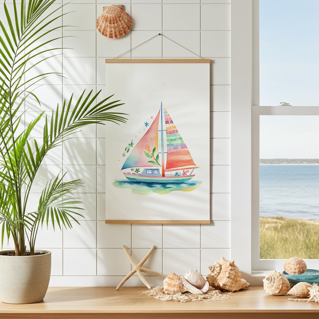 Coastal Colorblock Sailboat Poster with Hanger