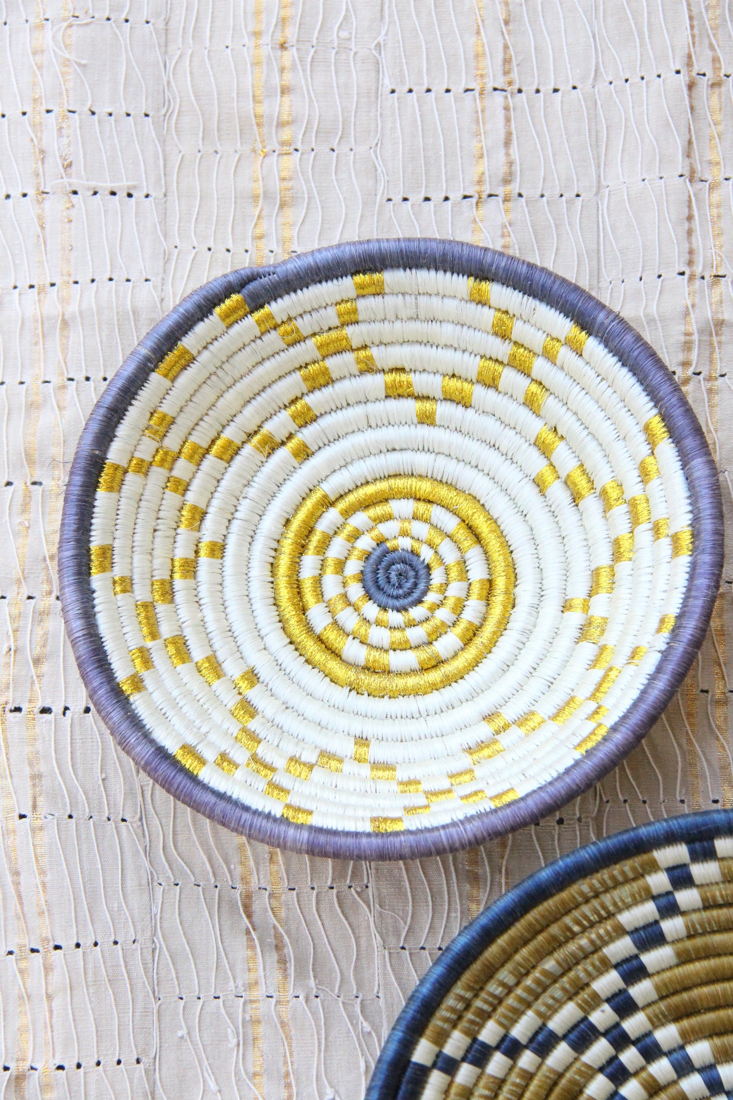 Lillian African Basket Collection, Blue, Tan, Gold, from Rwanda, Set of 3