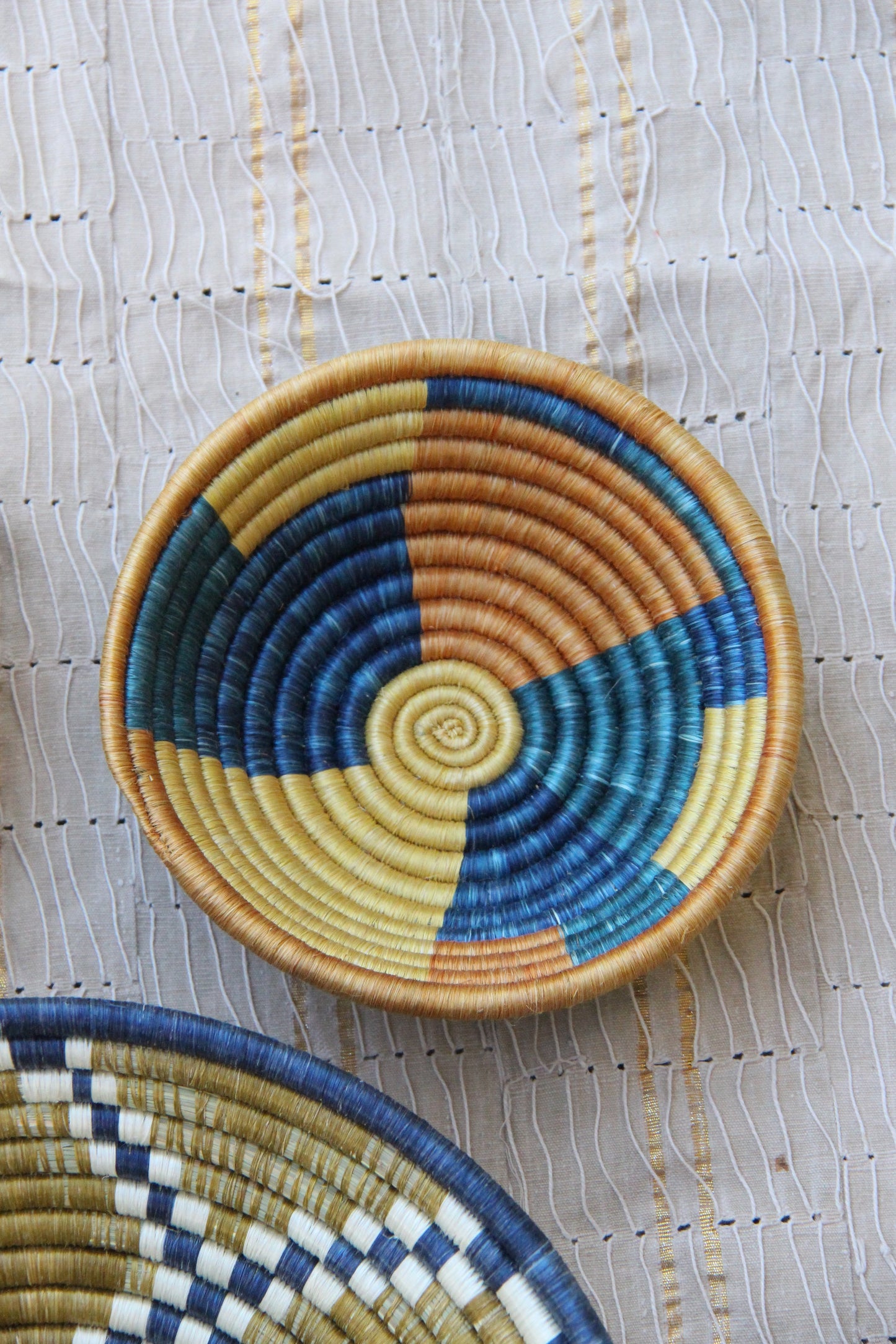 Lillian African Basket Collection, Blue, Tan, Gold, from Rwanda, Set of 3