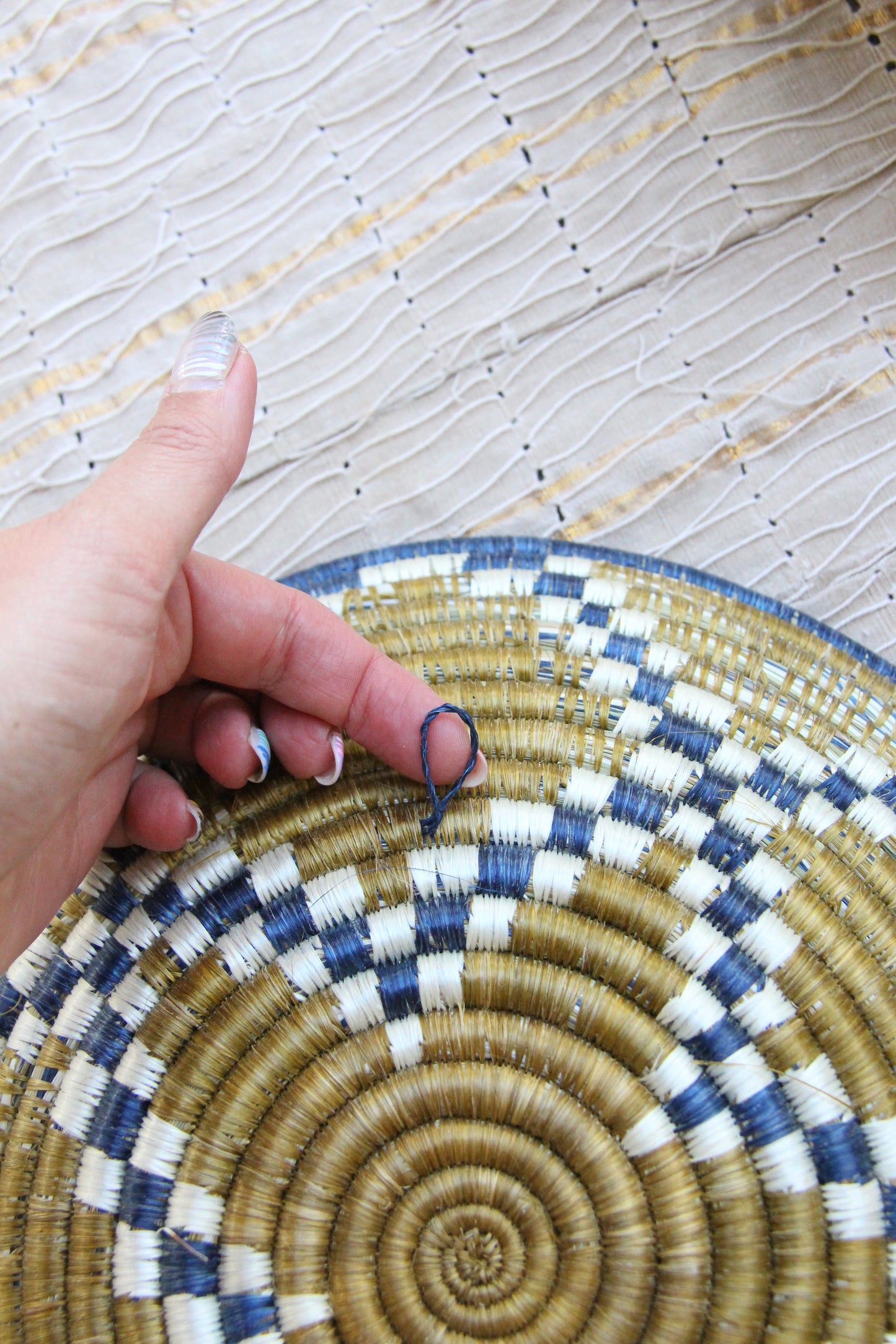Lillian African Basket Collection, Blue, Tan, Gold, from Rwanda, Set of 3